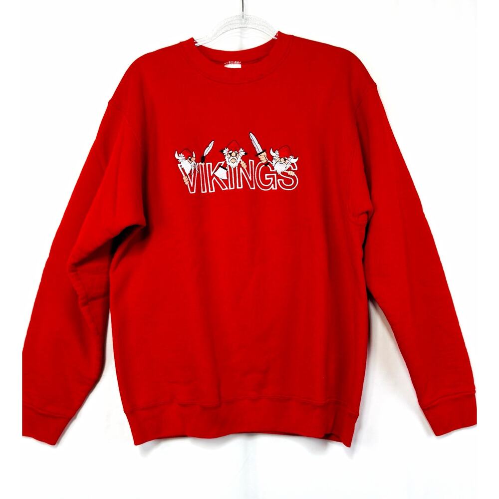 Vintage Fruit of the Loom Heavy Cotton Vikings Embroidered Sweatshirt Red L - Picture 2 of 6